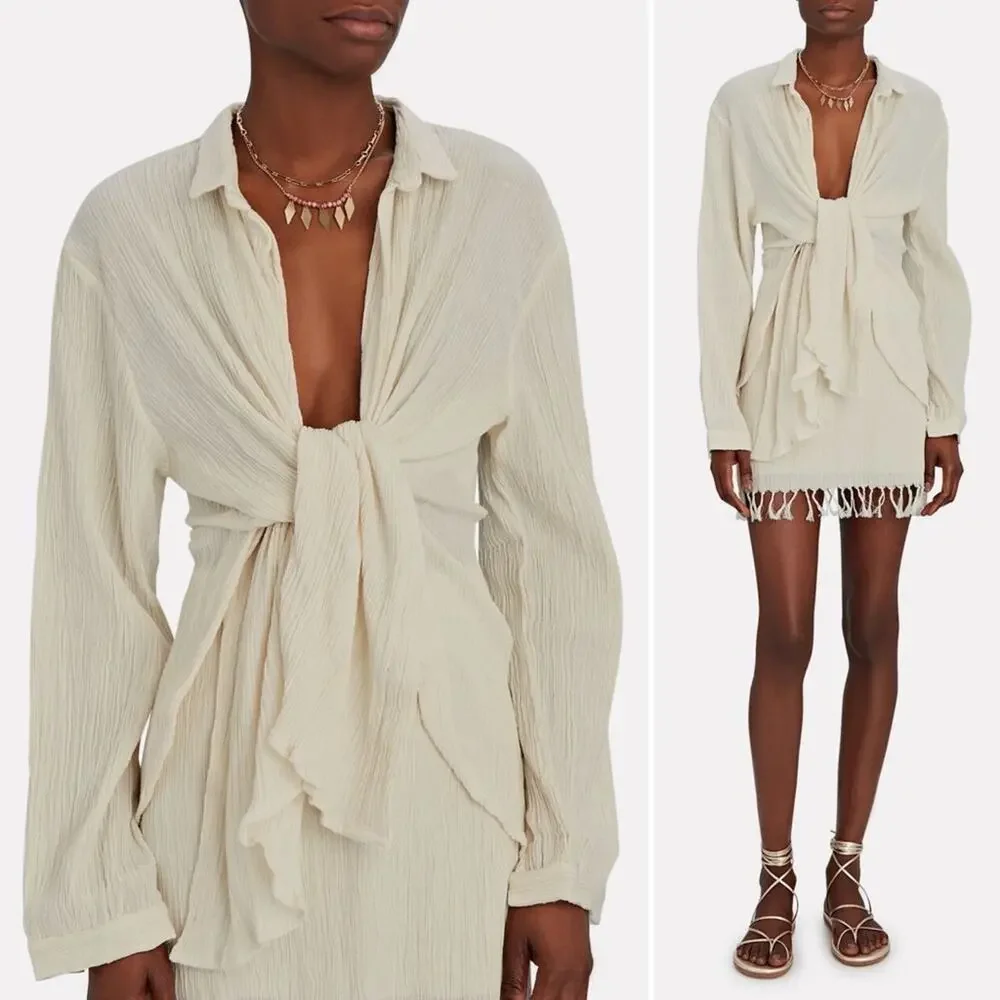 SAVANNAH MORROW Kai Organic Cotton Tie-Waist Shirt Long Sleeve Open Small NEW